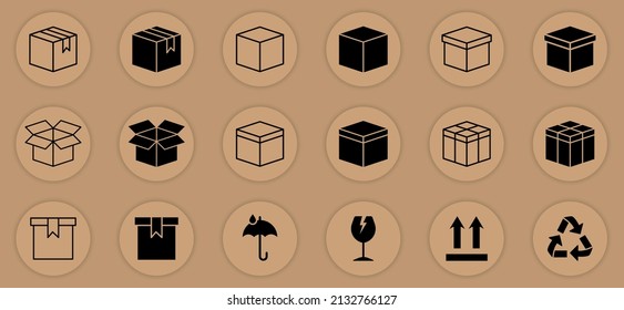 Package with Symbol of Recycle, Glass, Fragile Pictogram. Cardboard Boxes Line and Silhouette Icon Set. Open and Closed Parcel Collection Icon. Isolated Vector Illustration.