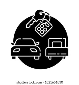 Package tour black glyph icon. Budget tourism, car rental silhouette symbol on white space. Tourist agency service, carsharing. Holiday road trip. Automobiles and keys vector isolated illustration