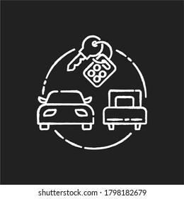 Package tour chalk white icon on black background. Budget tourism, car rental. Tourist agency service, carsharing. Holiday road trip. Automobiles and keys isolated vector chalkboard illustration