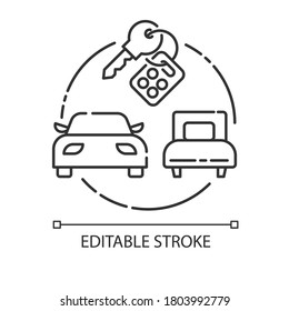 Package tour pixel perfect linear icon. Budget tourism, car rental service thin line customizable illustration. Contour symbol. Holiday road trip. Vector isolated outline drawing. Editable stroke