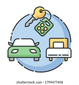 Package tour RGB color icon. Budget tourism, car rental. Tourist agency service, carsharing. Holiday road trip. Automobiles and keys isolated vector illustration