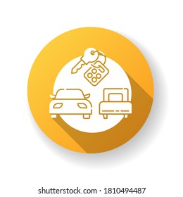 Package tour yellow flat design long shadow glyph icon. Budget tourism, car rental. Tourist agency service, carsharing. Holiday road trip. Automobiles and keys silhouette RGB color illustration