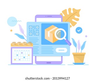 Package tracking app, delivery tracking. Mobile phone with calendar and delivery service website on screen and parcel with magnifying glass. Vector illustration