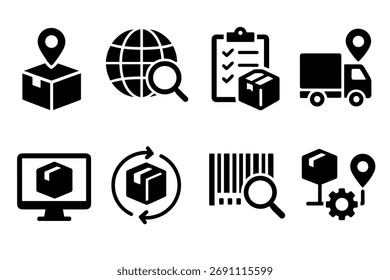 Symbolsatz für Paketverfolgung und -zustellung. Vektorschwarze Symbole für die Lage und Logistik von Paketen