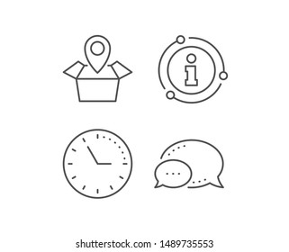 Package tracking line icon. Chat bubble, info sign elements. Delivery monitoring sign. Shipping box location symbol. Linear package location outline icon. Information bubble. Vector
