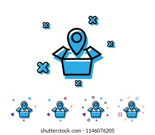 Package tracking line icon. Delivery monitoring sign. Shipping box location symbol. Line icon with geometric elements. Bright colourful design. Vector