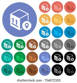 Package tracking multi colored flat icons on round backgrounds. Included white, light and dark icon variations for hover and active status effects, and bonus shades on black backgounds.
