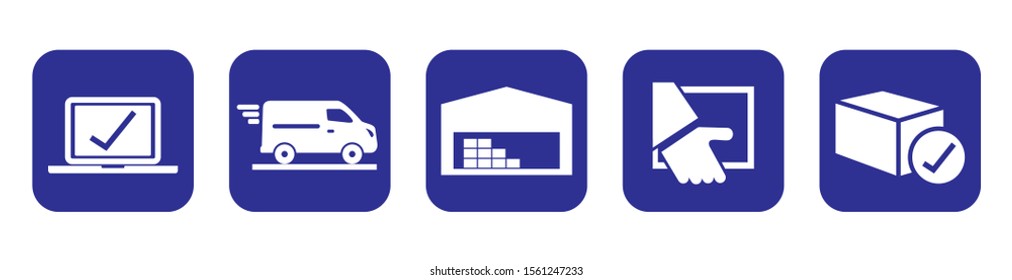 package tracking online purchase, web vector icons, blue and white colors, buttons