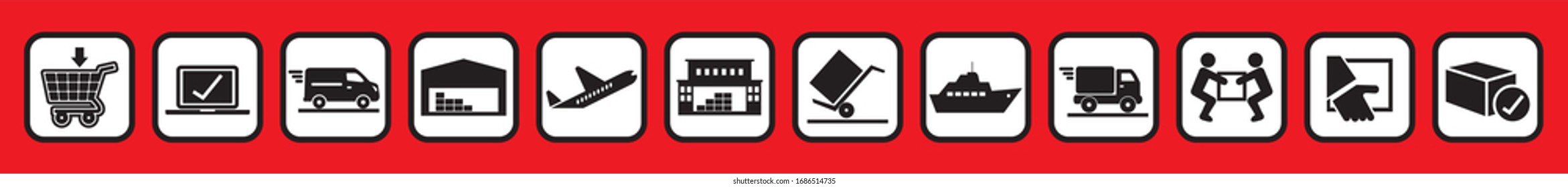 package tracking online purchase, web vector icons, black and white colors on  red background, buttons