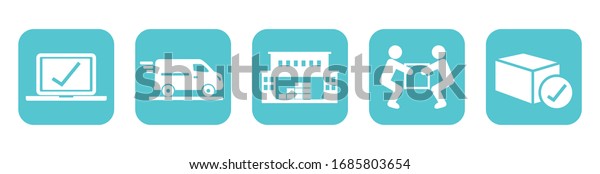 package tracking online purchase, web vector\
icons, blue and white colors,\
buttons