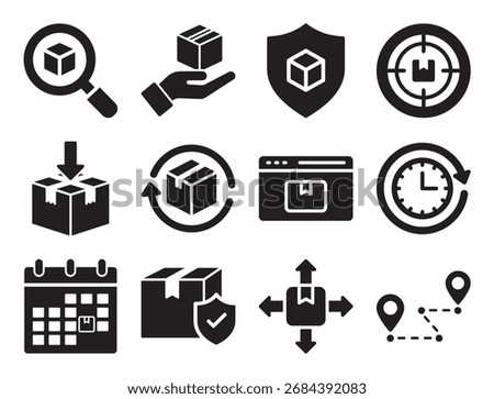 Package tracking and order fulfillment glyph icon set for logistics showing box calendar and other symbols for shipping and delivery process management