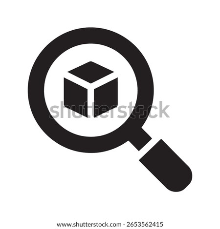 Package tracking search icon with magnifying glass for order status inspection and inventory management logistics service for finding a product vector solid glyph icon