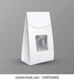 Package With Transparent Plastic Window Vector. Blank Package For Shipping And Storage Food, Candy Or Coffee Beans, Snack Or Nut, Tea Or Cookies. Take Away Paper Pack Realistic 3d Illustration