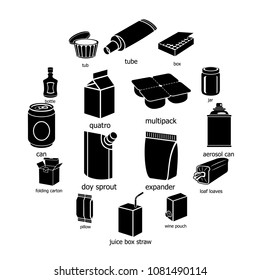 Package types icons set. Simple illustration of 16 package types vector icons for web