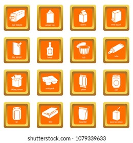 Package types icons set vector orange square isolated on white background 