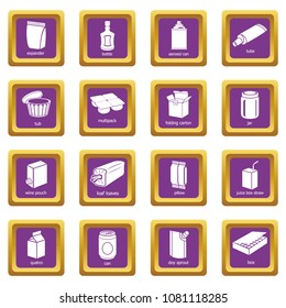 Package types icons set vector purple square isolated on white background 