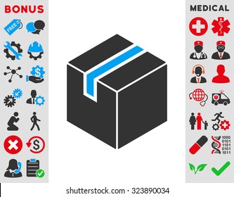 Package vector icon. Style is bicolor flat symbol, blue and gray colors, rounded angles, white background.