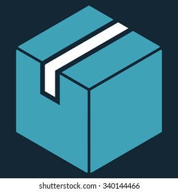 Package vector icon. Style is bicolor flat symbol, blue and white colors, rounded angles, dark blue background.