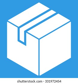 Package vector icon. Style is flat symbol, white color, rounded angles, blue background.
