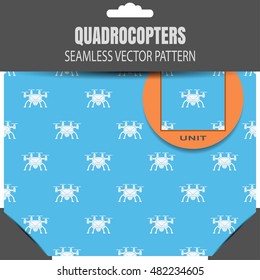 Package of vector seamless pattern of drones on the blue background with orange allocation.