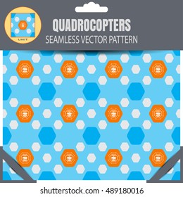 Package of vector seamless pattern of quadrocopters in the orange hexagon shapes on the blue background with pattern unit in the top.