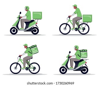 Package vehicle transportation flat vector illustrations set. African man on motorbike. American deliveryman with food delivery. Male bike courier in green uniform isolated cartoon one character kit