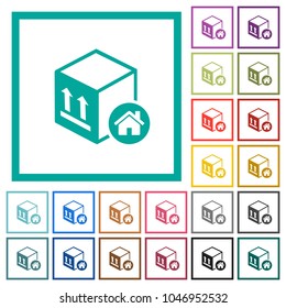 Package warehouse flat color icons with quadrant frames on white background
