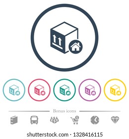 Package warehouse flat color icons in round outlines. 6 bonus icons included.