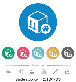 Empaquetar iconos blancos planos de almacén en fondos de color redondo. 6 iconos de bonificación incluidos.