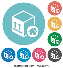 Package warehouse flat white icons on round color backgrounds
