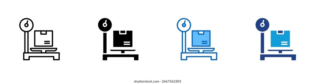 Package Weighing Sheet Multiple Style Icon Vector Design - Box on a scale, symbolizing weight check, shipping cost, or logistics measurement