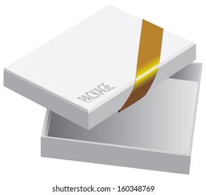 Package white box design with gold ribbon, vector illustration 