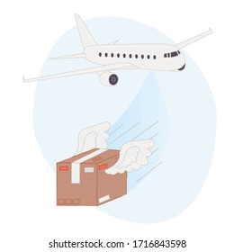 Un paquete con alas vuela rápidamente desde una ilustración vectorial de avión dibujo plano diseño 