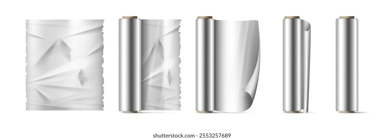 Paquete o envoltura en rollo de papel de aluminio de tubo de metal envoltura realista de aluminio. Rollo de papel de hornear de Vector, embalaje de alimentos, ilustración de suministros de cocina, material de embalaje de papel de metal