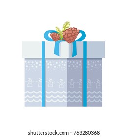 Package wrapped in grey paper with snowman and snow, decorated on top by bow and two spruce cones vector illustration isolated on white background