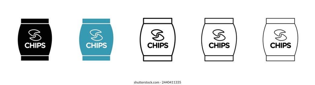 Packaged Chips Snack Icons. Crispy Potato Chips Bag Pictograms. Salty Snack Packaging Symbols