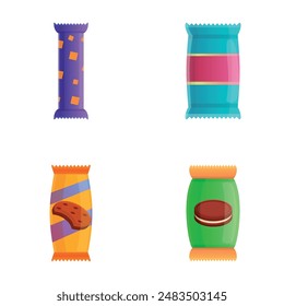 Packaged cookie icons set cartoon vector. Various cookie in colorful package. Sweet food, dessert