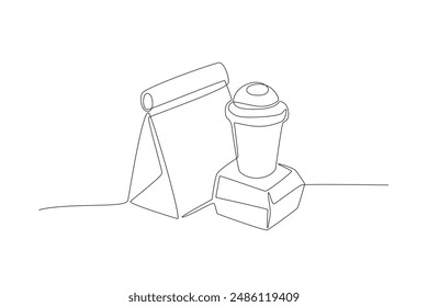 Packaged fast food and drinks. Fast food concept one-line drawing