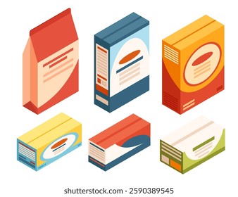 Packaged food boxes in various colors. Red, blue, orange, yellow rectangular packages. Cereal boxes. Grocery product containers. Cardboard food packaging. Isometric set. Vector illustration.