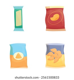 Packaged food icons set cartoon vector. Various type of packaged snack. Unhealthy junk food