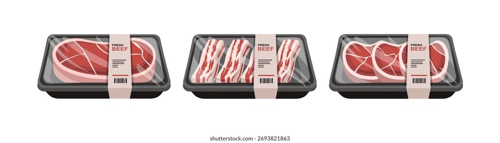 Rebanadas y filetes de carne fresca empacados. Colección de bandeja de carne de res. Surtido de cortes de carne envasada. Conjunto de ilustración de empaquetado de carne fresca.