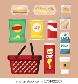 Packaged goods in a row. goods food product stuff, preserved food, supplied in a sealed can. Vector flat style cartoon illustration isolated on white background