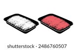 packaged ground beef, black and color isolated silhouette