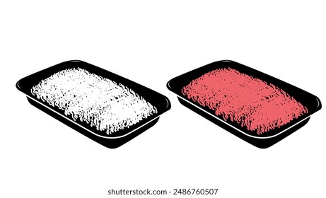 Verpackte Rinderhackfleisch, schwarz und Farbe isolierte Silhouette