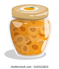 Packaged jar of apricot jam or compote. Canned peach slices in sweet sugar syrup. Cartoon vector isolated on white background