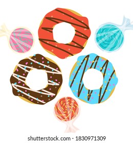 Lollipops y donuts empacados con acristalamiento de color no fondo blanco. Ilustración del vector
