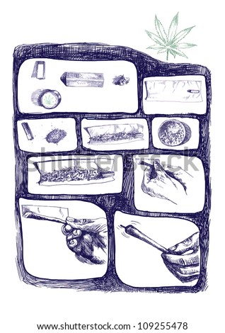 as packaged marijuana joint, storyboard - hand drawing sketches converted into vector file