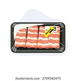 Carne envasada en bandeja de comida envuelta en plástico con etiqueta de descuento