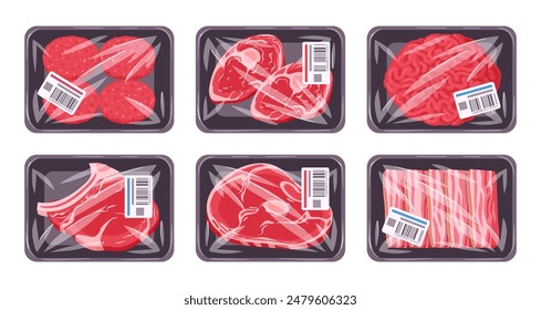 Productos cárnicos envasados. Carne molida congelada, carne de cerdo y filetes, Ilustración vectorial plana de alimentos crudos de la carnicería. Carne envasada en bandejas de plástico