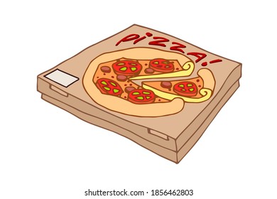 packaged pizza with tomato in a cardboard box, icon for fast food delivery, color vector illustration isolated on a white background in a doodle & hand drawn style